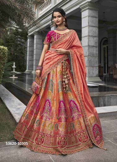 Multicolored Banarasi Silk Handworked Wedding-Wear Bridal Lehenga Choli