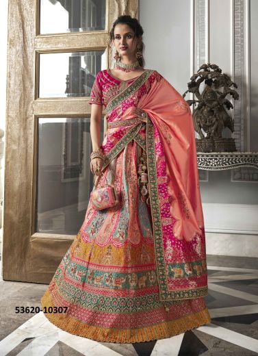 Multicolored Banarasi Silk Handworked Wedding-Wear Bridal Lehenga Choli