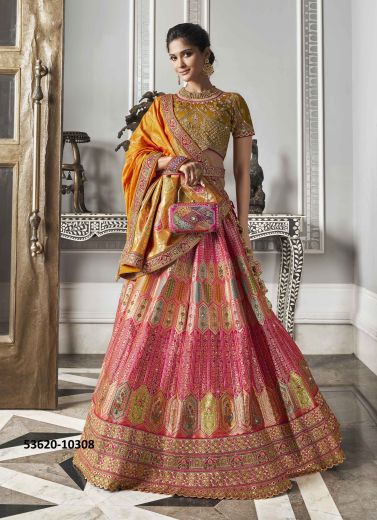 Multicolored Banarasi Silk Handworked Wedding-Wear Bridal Lehenga Choli