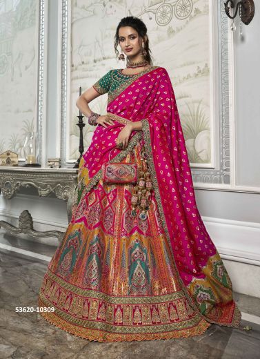 Multicolored Banarasi Silk Handworked Wedding-Wear Bridal Lehenga Choli