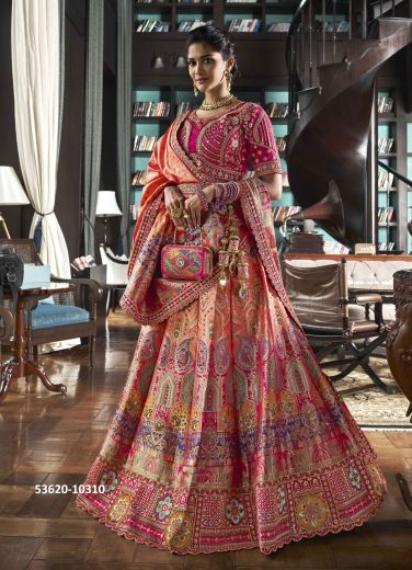 Multicolored Banarasi Silk Handworked Wedding-Wear Bridal Lehenga Choli