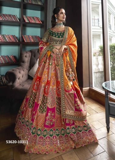 Multicolored Banarasi Silk Handworked Wedding-Wear Bridal Lehenga Choli