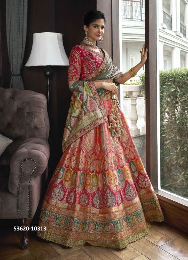 Multicolored Banarasi Silk Handworked Wedding-Wear Bridal Lehenga Choli