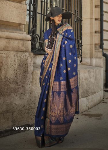 Royal Blue Woven Soft Silk Saree For Traditional / Religious Occasions