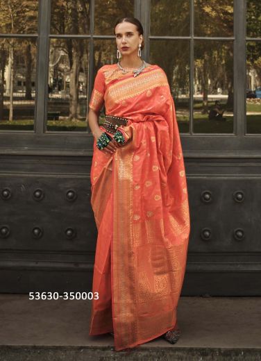 Coral Woven Soft Silk Saree For Traditional / Religious Occasions