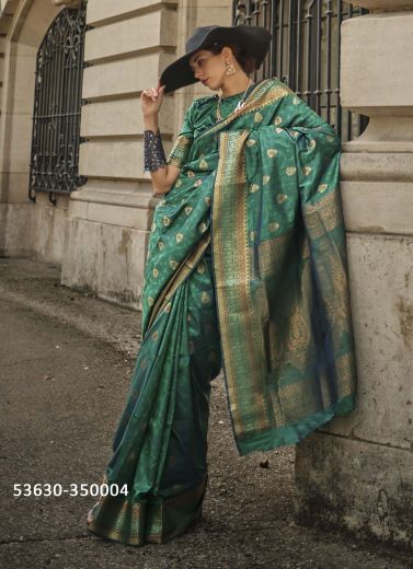 Teal Green Woven Soft Silk Saree For Traditional / Religious Occasions