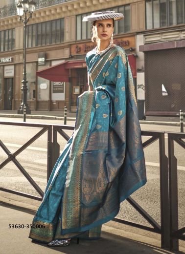 Sea Blue Woven Soft Silk Saree For Traditional / Religious Occasions