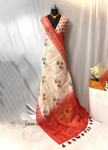 Bone White & Maroon Chanderi Digitally Printed Festive-Wear Durga Pooja Special Saree