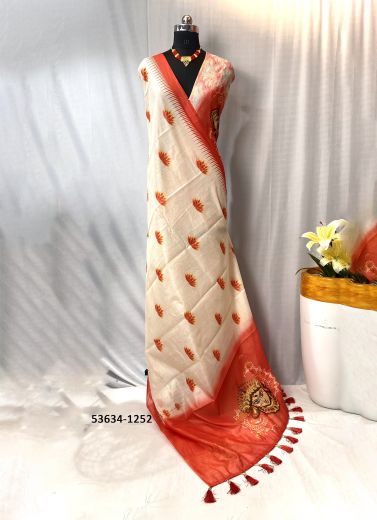 Bone White & Maroon Chanderi Digitally Printed Festive-Wear Durga Pooja Special Saree