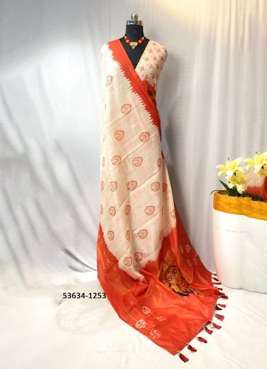 Bone White & Maroon Chanderi Digitally Printed Festive-Wear Durga Pooja Special Saree