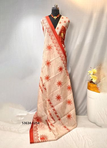 Bone White & Maroon Chanderi Digitally Printed Festive-Wear Durga Pooja Special Saree