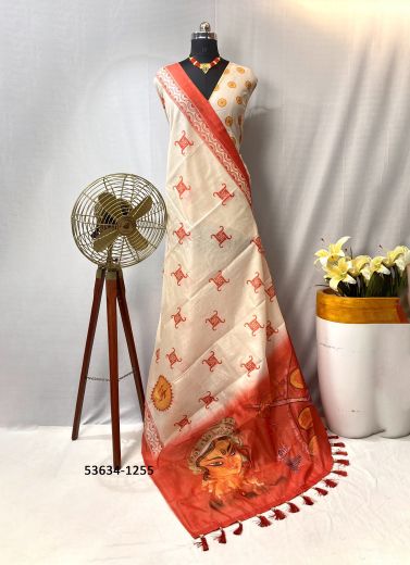 Bone White & Maroon Chanderi Digitally Printed Festive-Wear Durga Pooja Special Saree