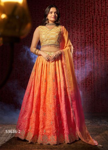 Orange & Pink Organza Digitally Printed Party-Wear Stylish Lehenga Choli