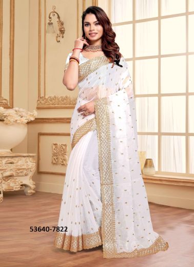 White Jimmy Choo Silk Sequins-Work Festive-Wear Desi Saree