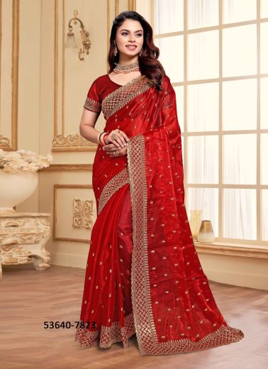 Red Jimmy Choo Silk Sequins-Work Festive-Wear Desi Saree