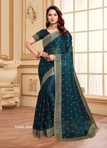 Sea Blue Jimmy Choo Silk Sequins-Work Festive-Wear Desi Saree