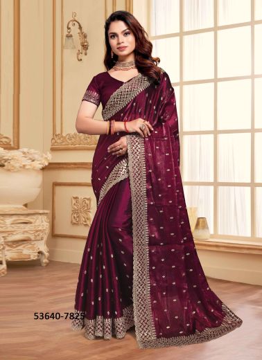 Wine Jimmy Choo Silk Sequins-Work Festive-Wear Desi Saree