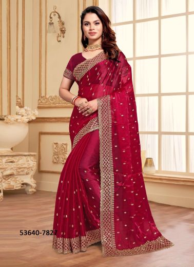 Wine Red Jimmy Choo Silk Sequins-Work Festive-Wear Desi Saree