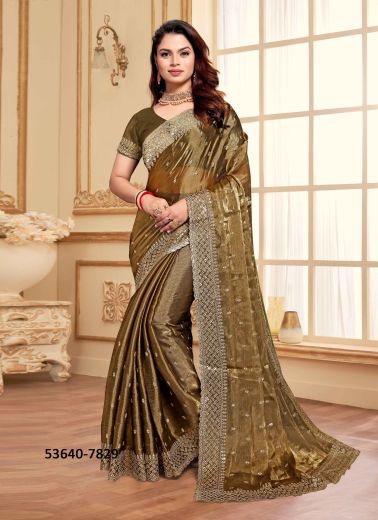 Golden Brown Jimmy Choo Silk Sequins-Work Festive-Wear Desi Saree