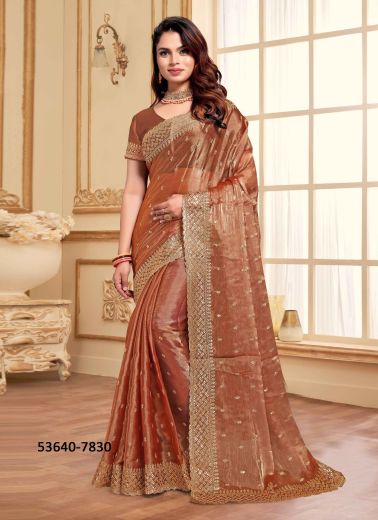 Dark Coral Jimmy Choo Silk Sequins-Work Festive-Wear Desi Saree