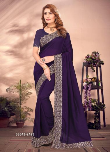 Dark Violet Vichitra Blooming Embroidered Festive-Wear Desi Saree