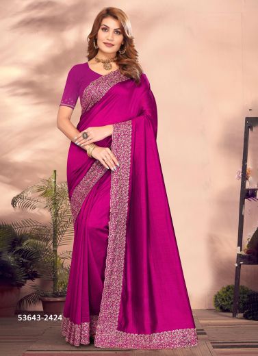 Magenta Vichitra Blooming Embroidered Festive-Wear Desi Saree