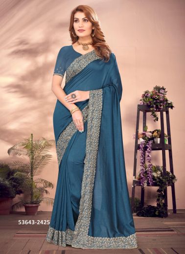 Sea Blue Vichitra Blooming Embroidered Festive-Wear Desi Saree