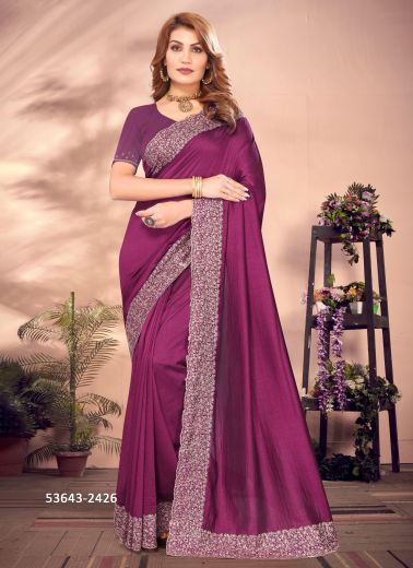 Purple Vichitra Blooming Embroidered Festive-Wear Desi Saree