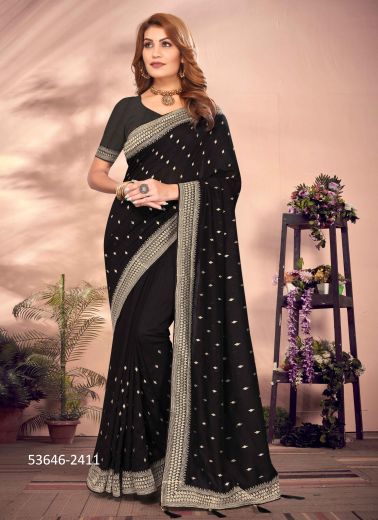 Black Vichitra Blooming Embroidered Festive-Wear Desi Saree