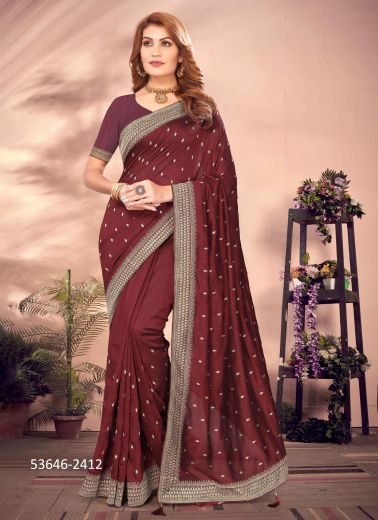 Maroon Vichitra Blooming Embroidered Festive-Wear Desi Saree