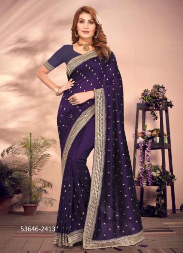 Dark Violet Vichitra Blooming Embroidered Festive-Wear Desi Saree