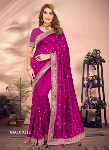 Magenta Vichitra Blooming Embroidered Festive-Wear Desi Saree