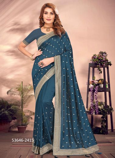 Sea Blue Vichitra Blooming Embroidered Festive-Wear Desi Saree