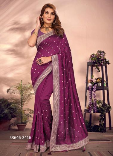 Purple Vichitra Blooming Embroidered Festive-Wear Desi Saree