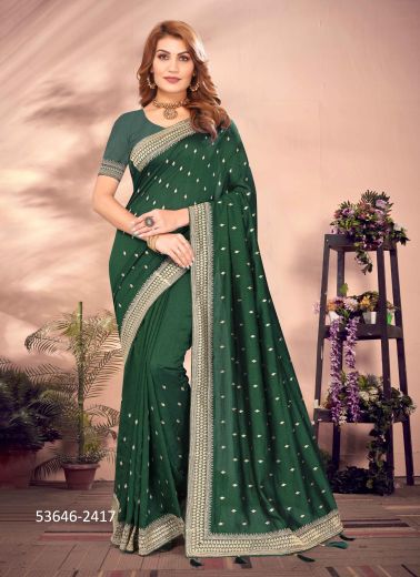 Green Vichitra Blooming Embroidered Festive-Wear Desi Saree