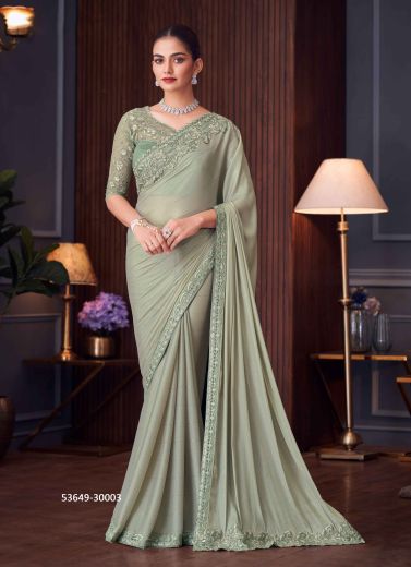 Light Celadon Silk Embroidered Party-Wear Boutique-Style Saree