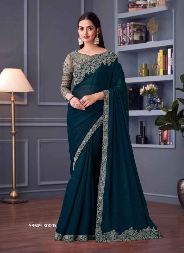 Dark Sea Blue Georgette Embroidered Party-Wear Boutique-Style Saree