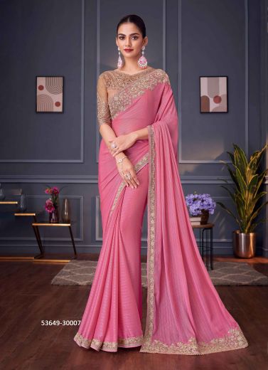 Pink Silk Embroidered Party-Wear Boutique-Style Saree