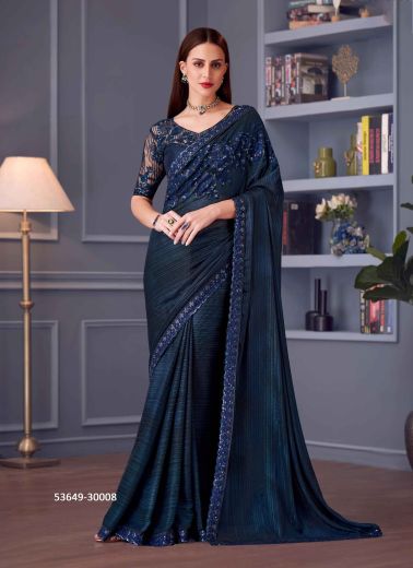 Navy Blue Silk Embroidered Party-Wear Boutique-Style Saree