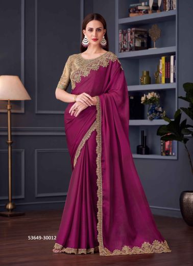 Purple Satin Chiffon Embroidered Party-Wear Boutique-Style Saree