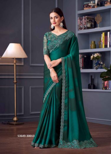 Teal Green Satin Chiffon Embroidered Party-Wear Boutique-Style Saree