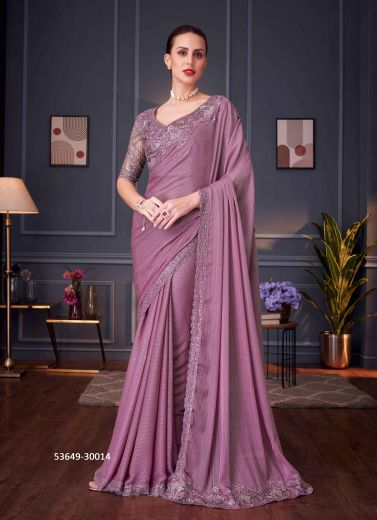 Mauve Silk Embroidered Party-Wear Boutique-Style Saree