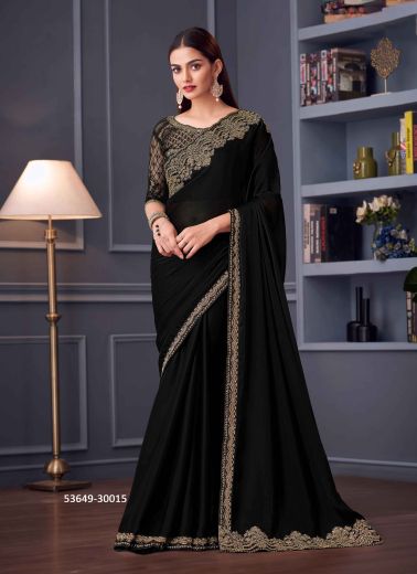 Black Satin Chiffon Embroidered Party-Wear Boutique-Style Saree