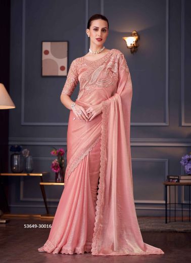 Light Coral Chiffon Silk Embroidered Party-Wear Boutique-Style Saree