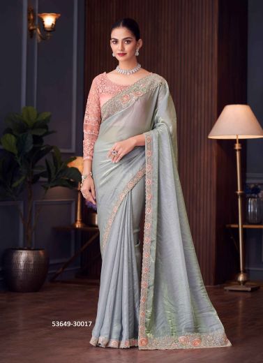 Light Gray Satin Georgette Embroidered Party-Wear Boutique-Style Saree