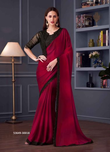 Wine Red Satin Chiffon Embroidered Party-Wear Boutique-Style Saree [With Jacket]