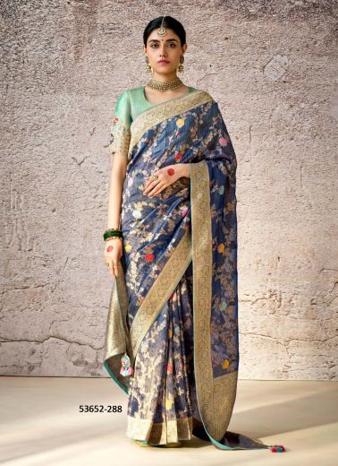 Blue Kora Banarasi Silk Woven Wedding-Wear Saree