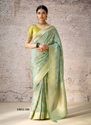 Mint Green Kora Banarasi Silk Woven Wedding-Wear Saree