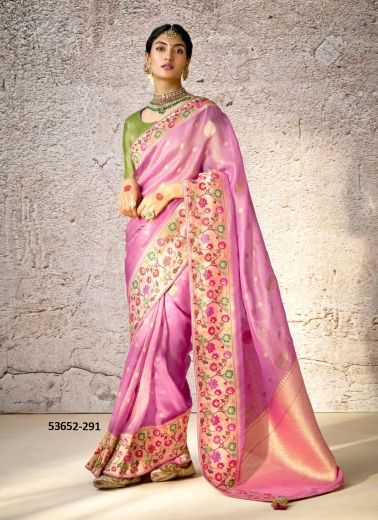 Baby Pink Kora Banarasi Silk Woven Wedding-Wear Saree