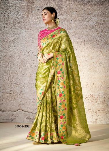 Olive Green Kora Banarasi Silk Woven Wedding-Wear Saree